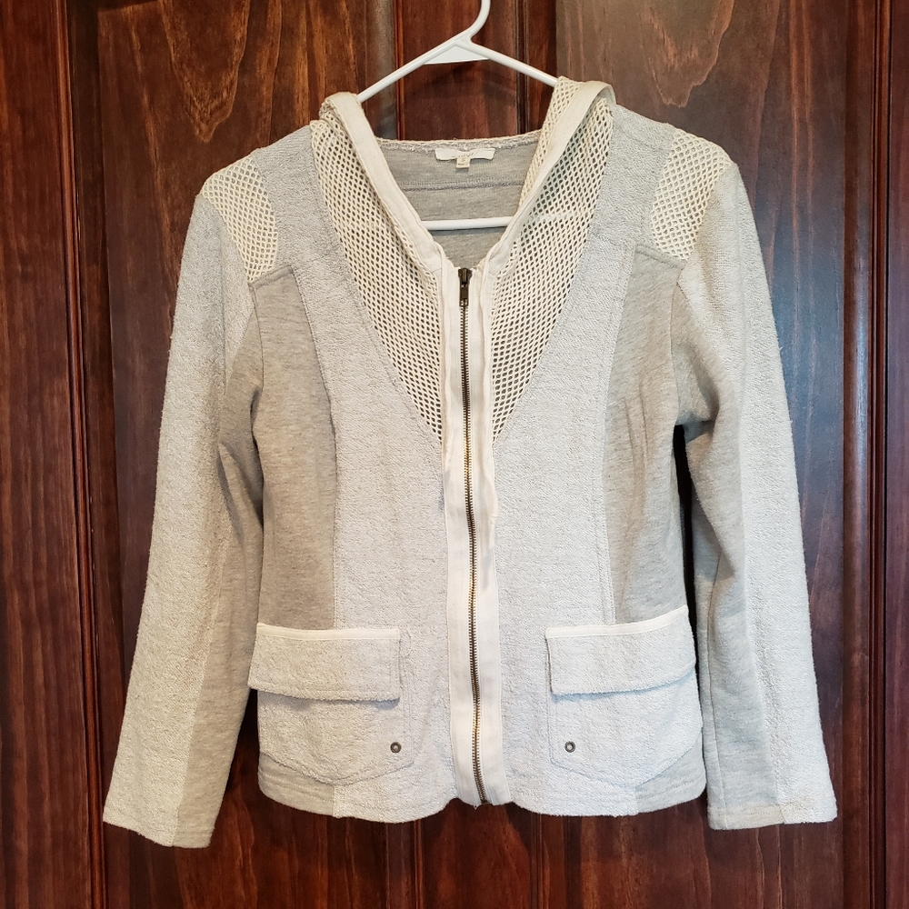 Mystree Mesh Terry Zip Hooded Jacket with Pockets Gray Size S
